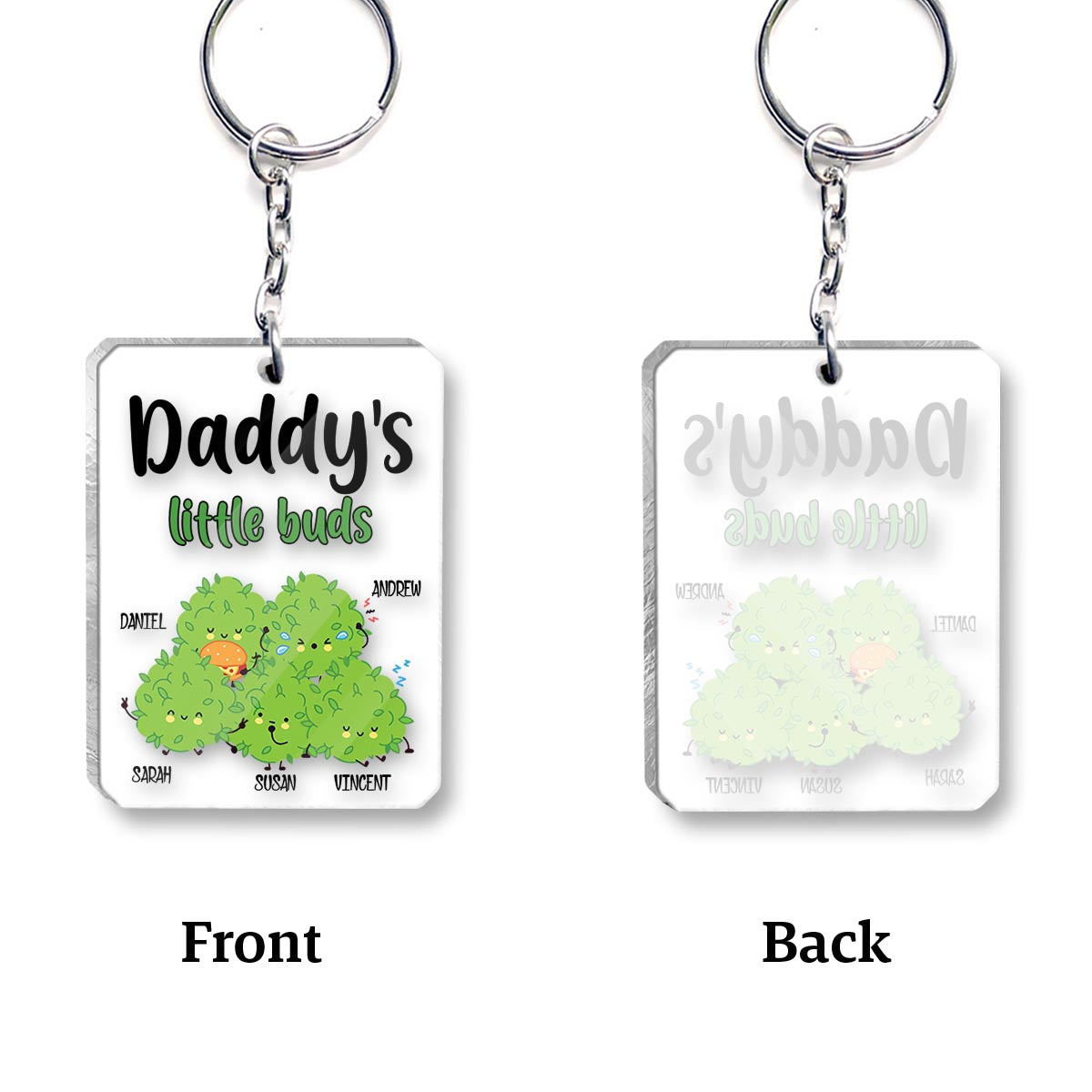 Daddy's Little Buds – Personalisierter transparenter Schlüsselanhänger mit Weed-Motiv