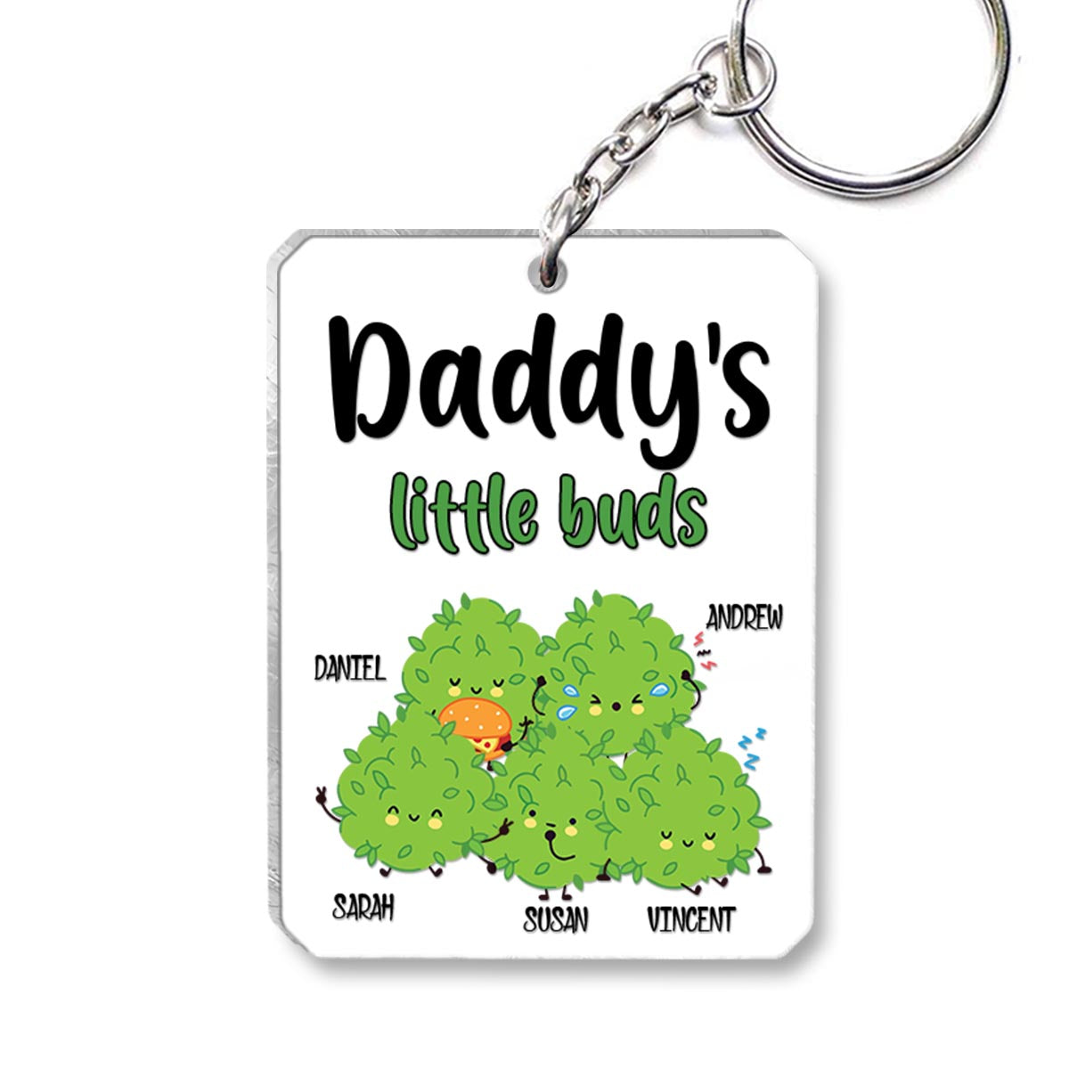Daddy's Little Buds – Personalisierter transparenter Schlüsselanhänger mit Weed-Motiv