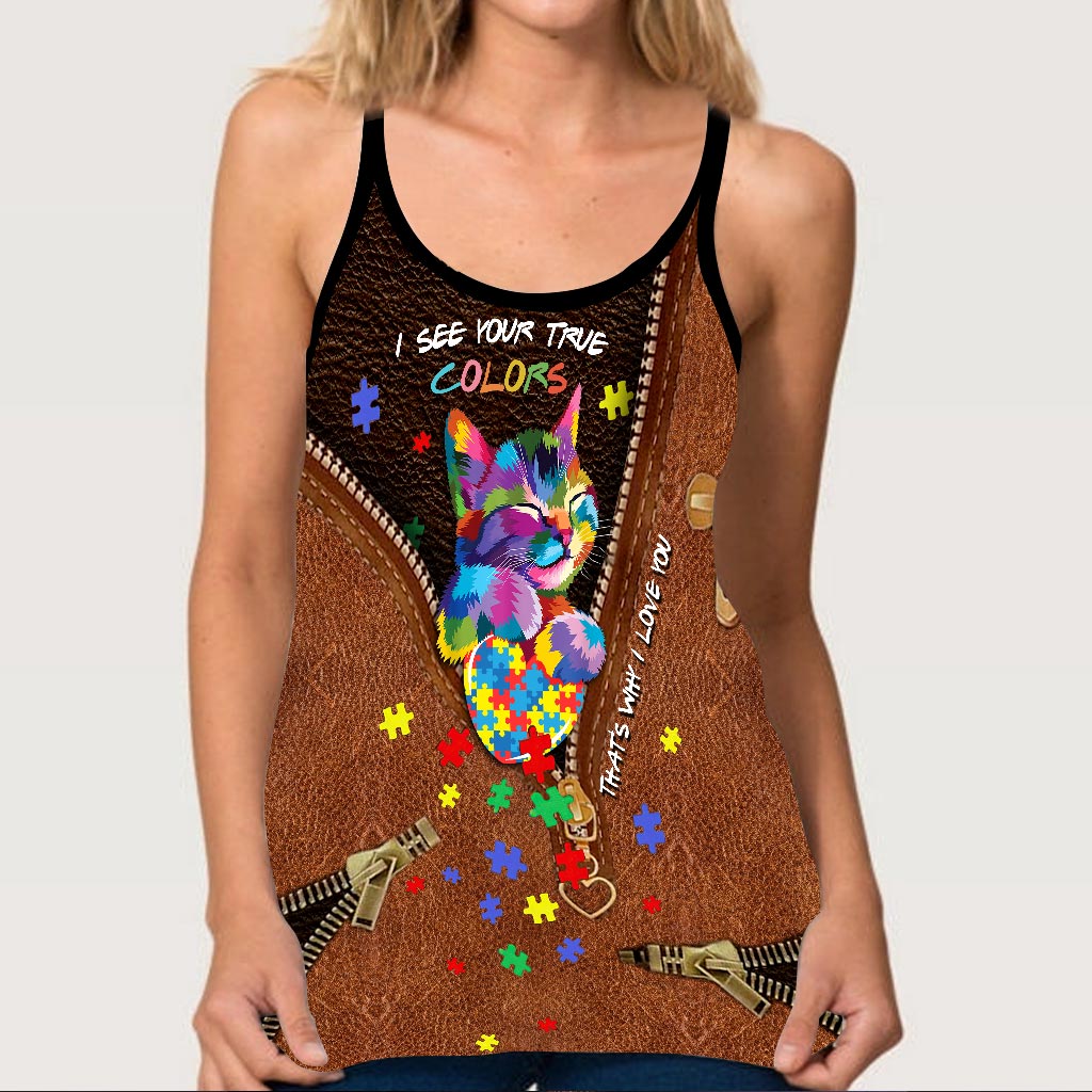 Ich sehe deine wahre Farbe – Tanktop mit Ledermuster und Kreuzprint zur Sensibilisierung für Autismus