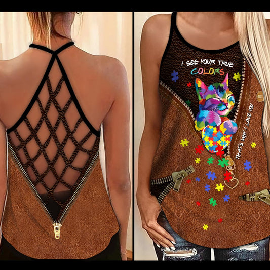 Ich sehe deine wahre Farbe – Tanktop mit Ledermuster und Kreuzprint zur Sensibilisierung für Autismus