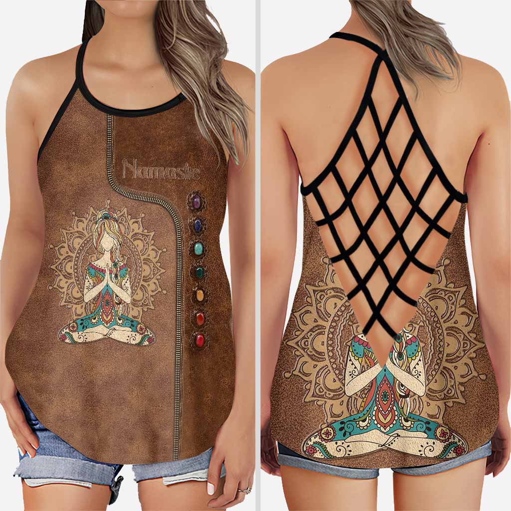 Namaste Leather Pattern Print Cross Tank Top