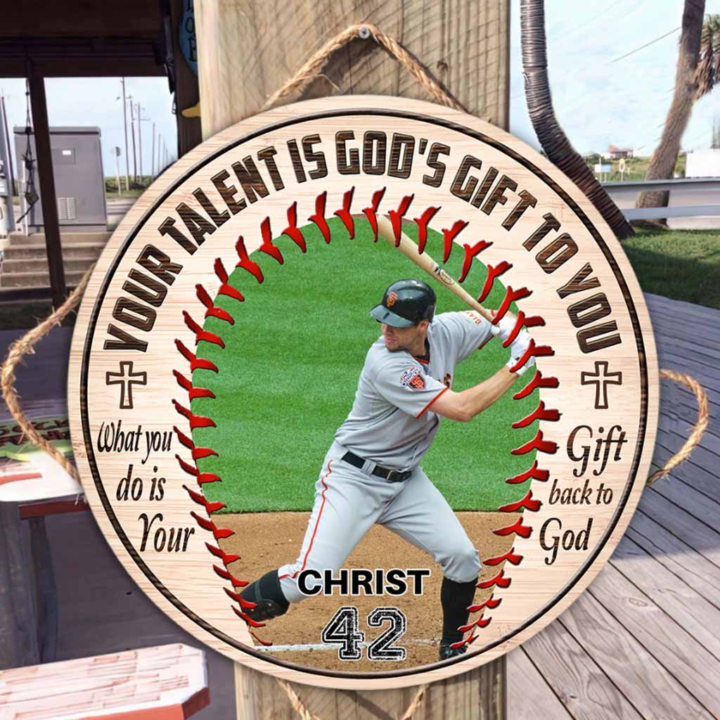 Dein Talent ist Gottes Geschenk an dich – Personalisiertes rundes Holzschild „Baseball“
