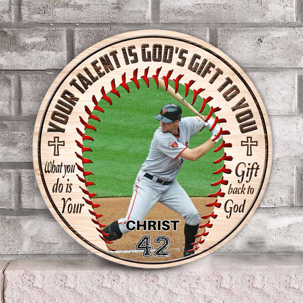 Dein Talent ist Gottes Geschenk an dich – Personalisiertes rundes Holzschild „Baseball“