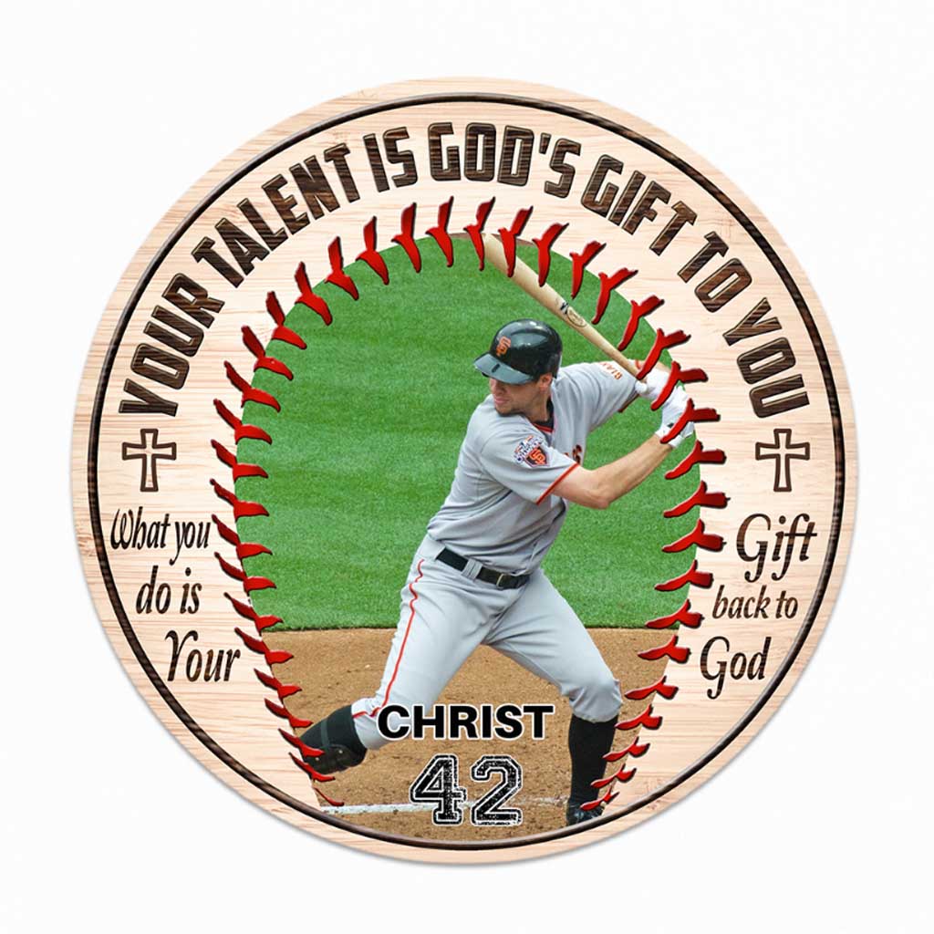Dein Talent ist Gottes Geschenk an dich – Personalisiertes rundes Holzschild „Baseball“