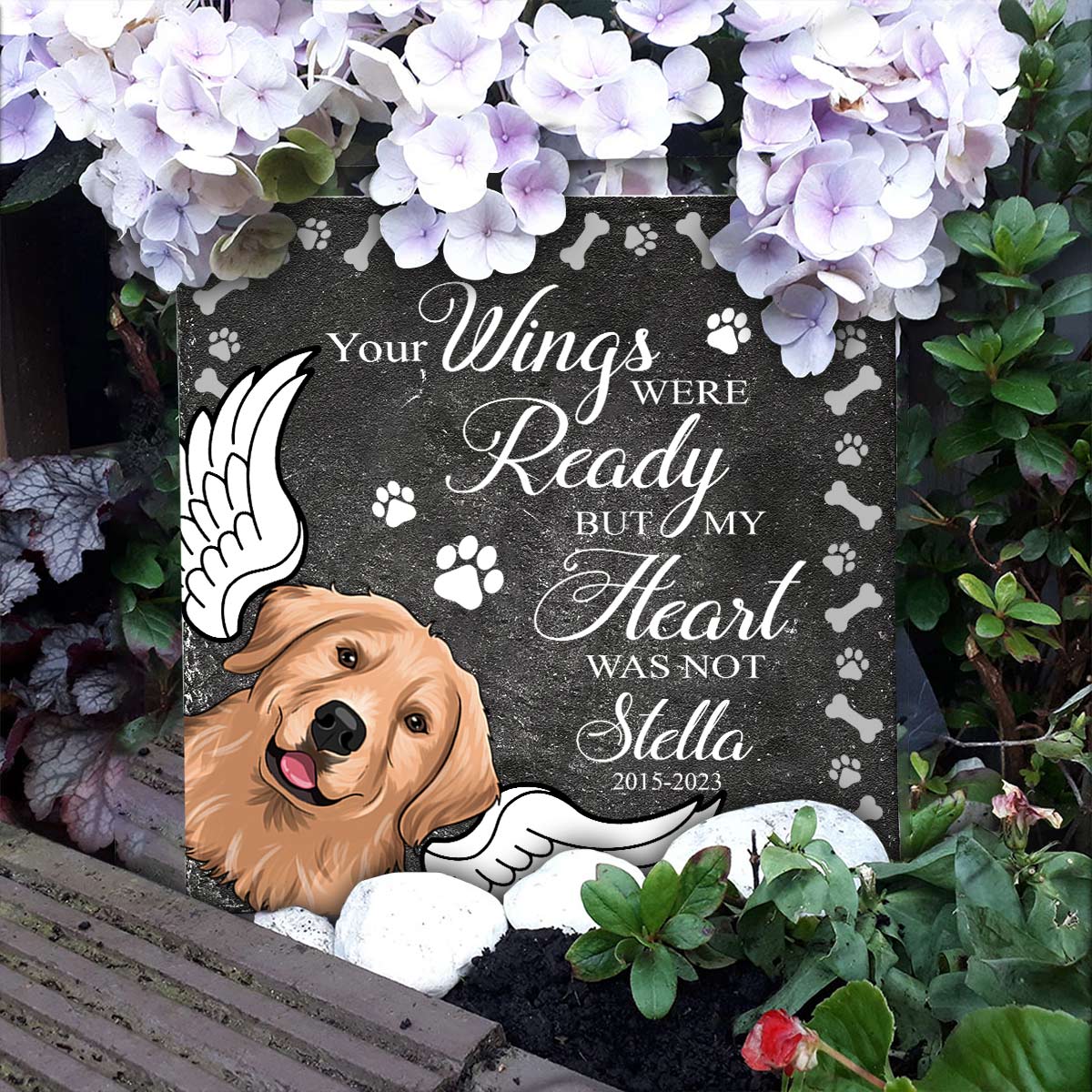 Du hast Pfotenabdrücke in meinem Herzen hinterlassen – personalisierter quadratischer Stein in Hundeform