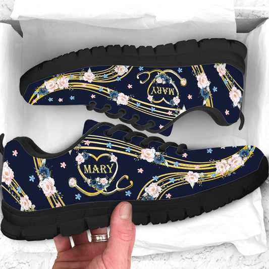 Nurse Proud Heart Stethoscope Blue Roses - Personalized Nurse Sneakers
