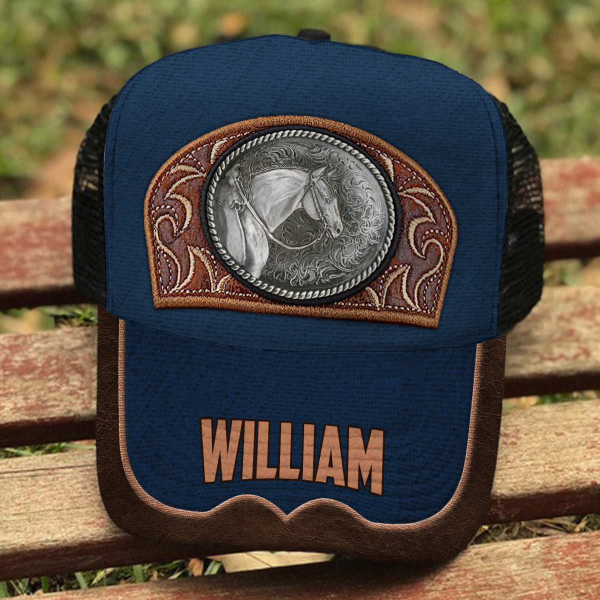 Vintage Horse - Personalisierte Trucker-Kappe mit Pferdemotiv (Schwarzes Netzgewebe)