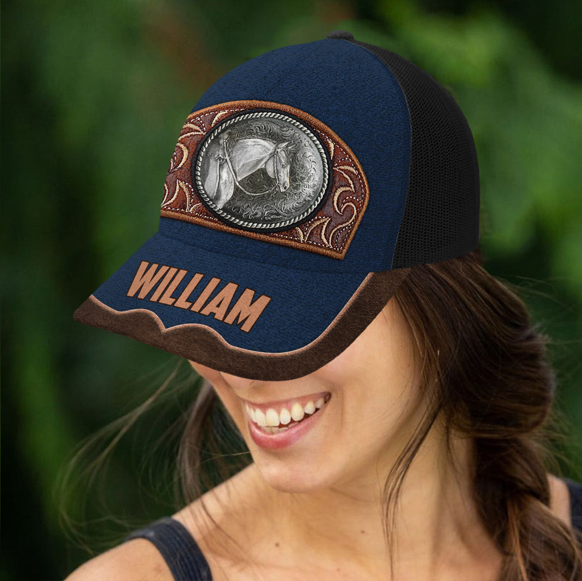 Vintage Horse - Personalisierte Trucker-Kappe mit Pferdemotiv (Schwarzes Netzgewebe)