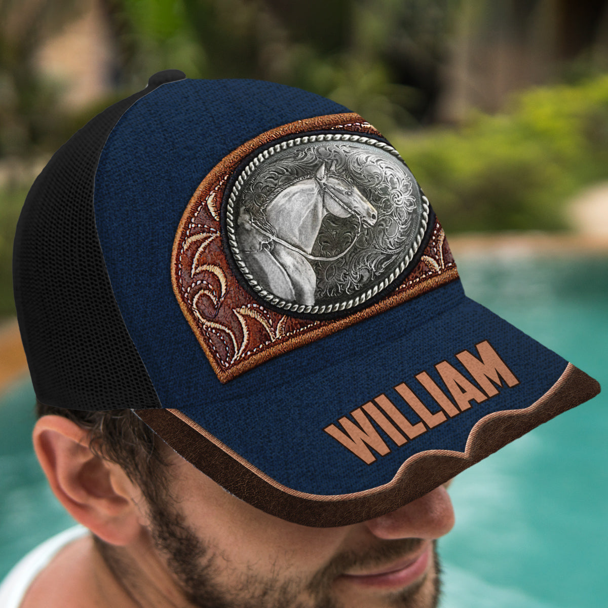 Vintage Horse - Personalisierte Trucker-Kappe mit Pferdemotiv (Schwarzes Netzgewebe)