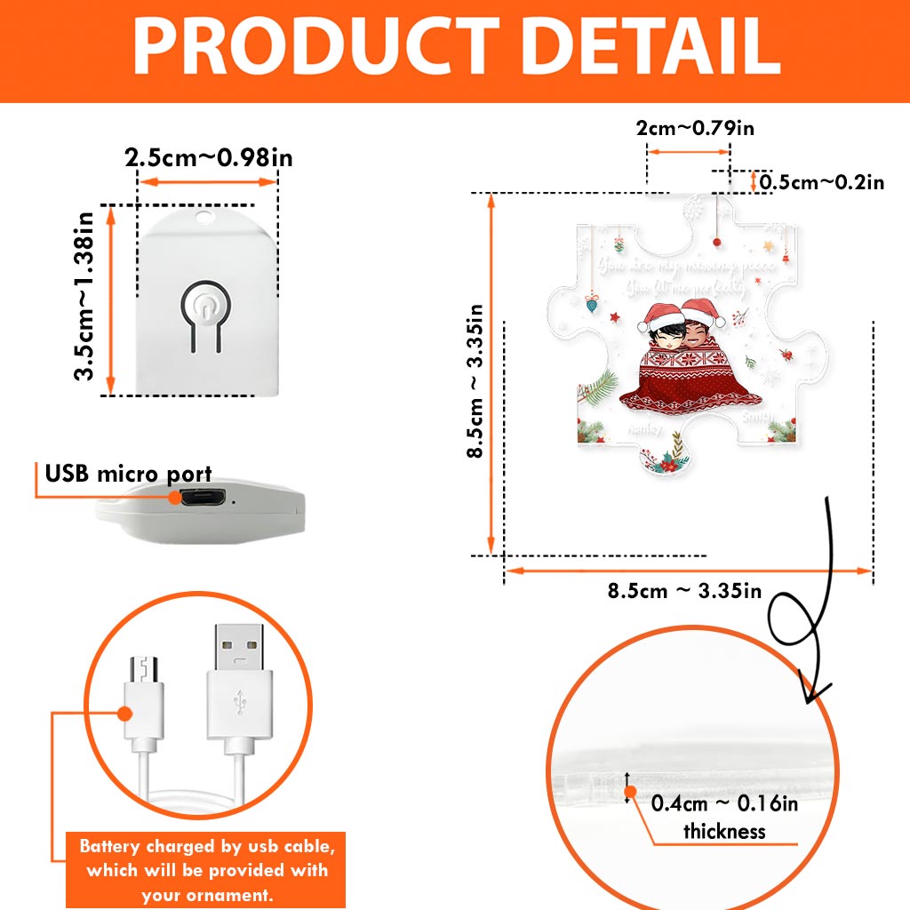 Du bist mein fehlendes Puzzleteil – Personalisierte LED-Weihnachtsbaumkugel in Form eines Paares aus Acryl