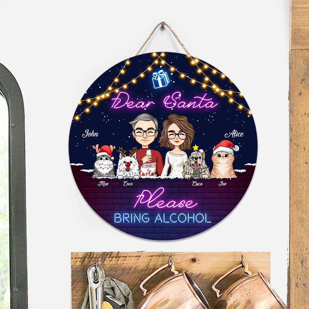 Lieber Weihnachtsmann, bitte bring Alkohol mit – Personalisiertes rundes Holzschild für Paare