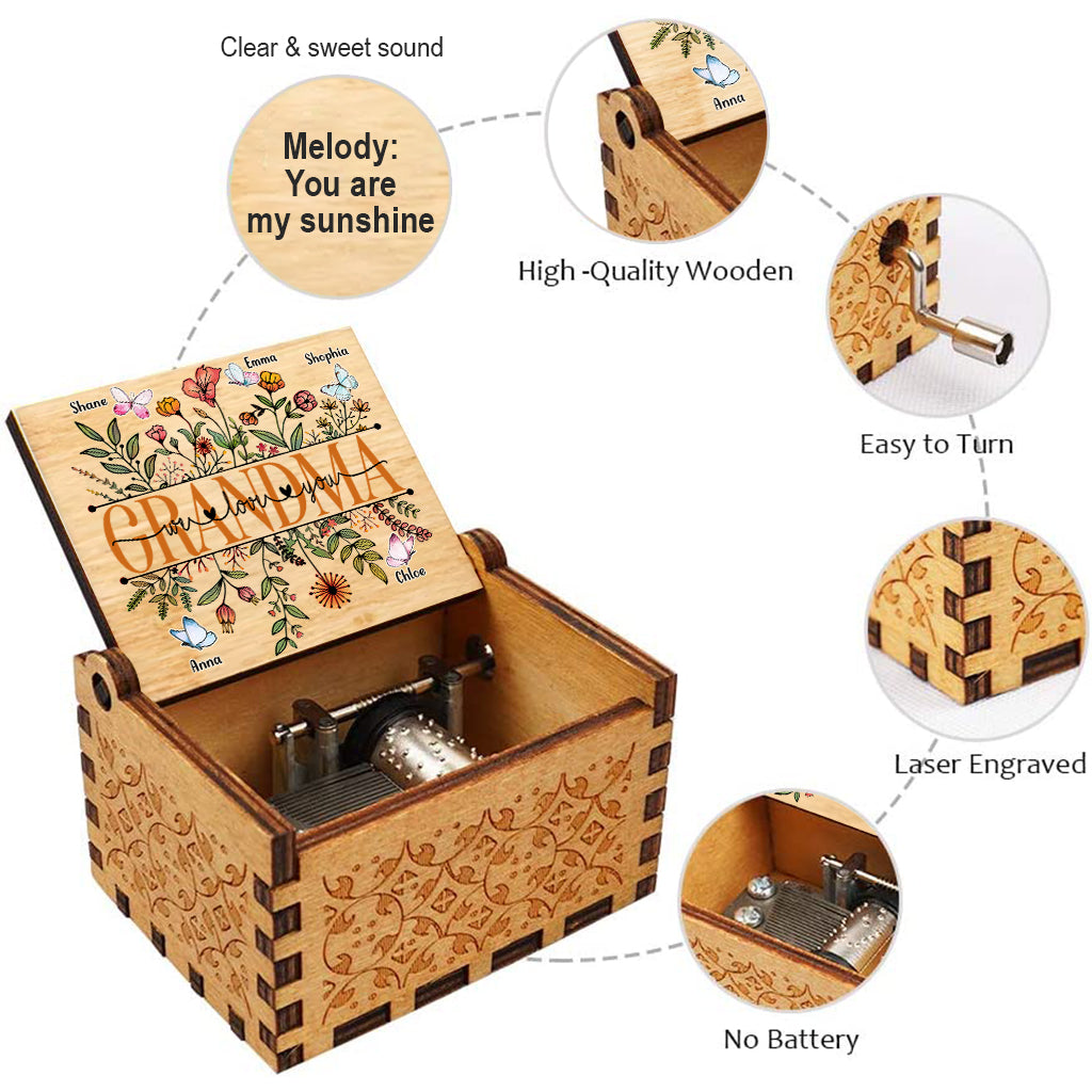 Oma, wir lieben dich – Personalisierte Muttertags-Spieluhr mit Handkurbel
