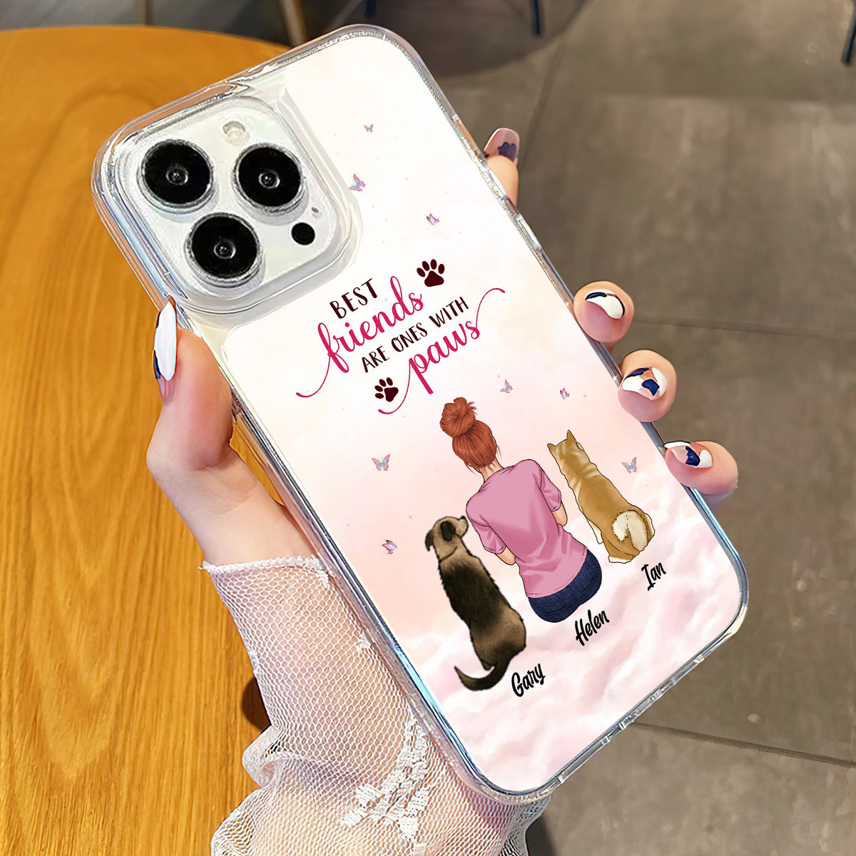 Beste Freunde sind die mit Pfoten – Personalisierte transparente Handyhülle mit Hundemotiv