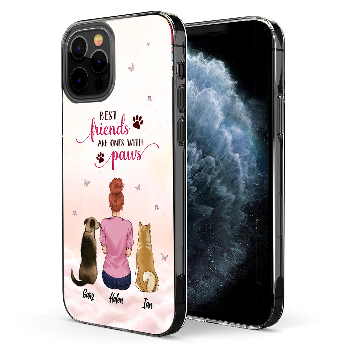 Beste Freunde sind die mit Pfoten – Personalisierte transparente Handyhülle mit Hundemotiv