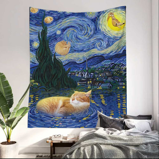 Niedliche Katzen Sternennacht - Wandteppich mit Katzenmotiv