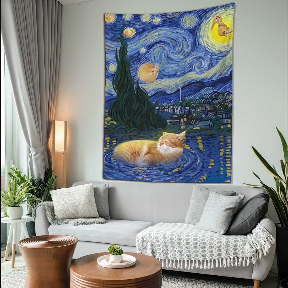 Niedliche Katzen Sternennacht - Wandteppich mit Katzenmotiv