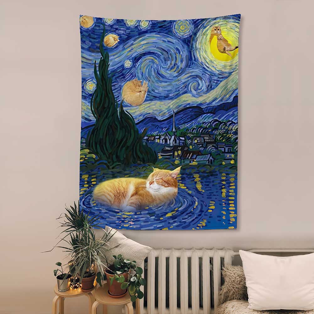 Niedliche Katzen Sternennacht - Wandteppich mit Katzenmotiv