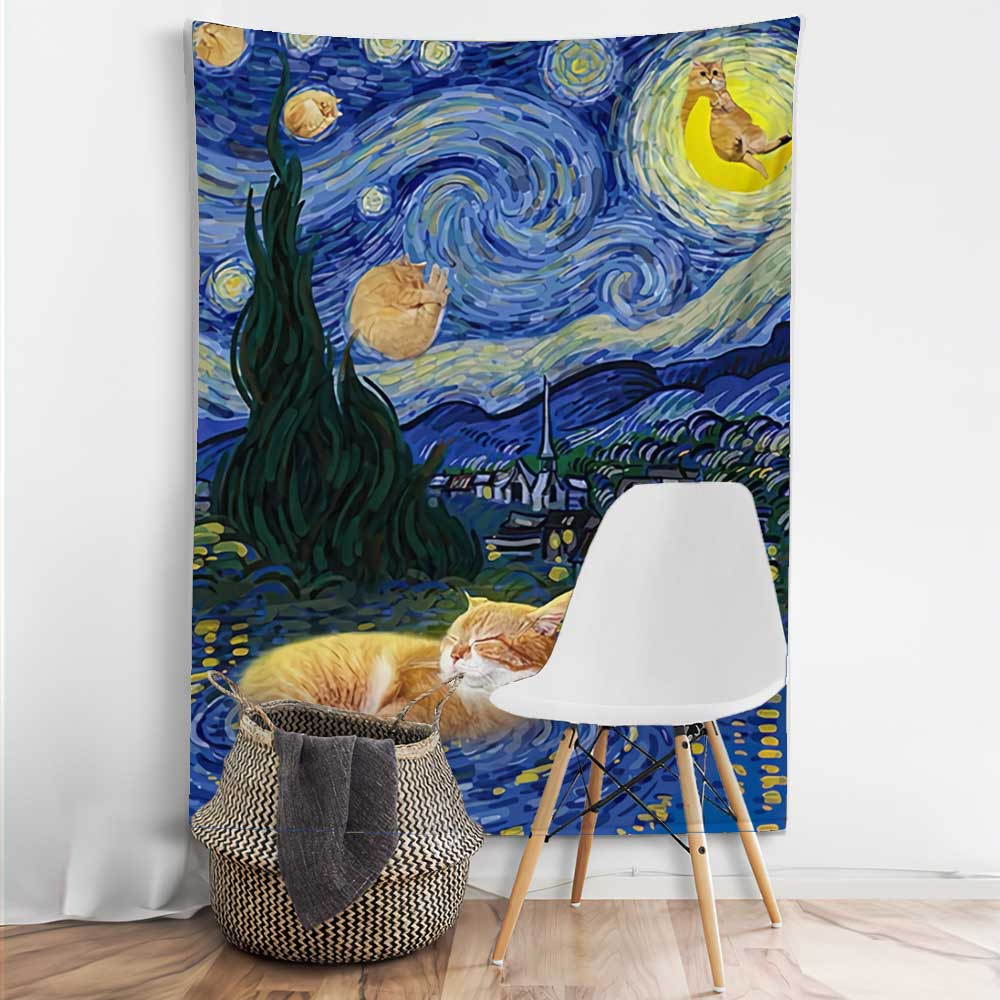 Niedliche Katzen Sternennacht - Wandteppich mit Katzenmotiv