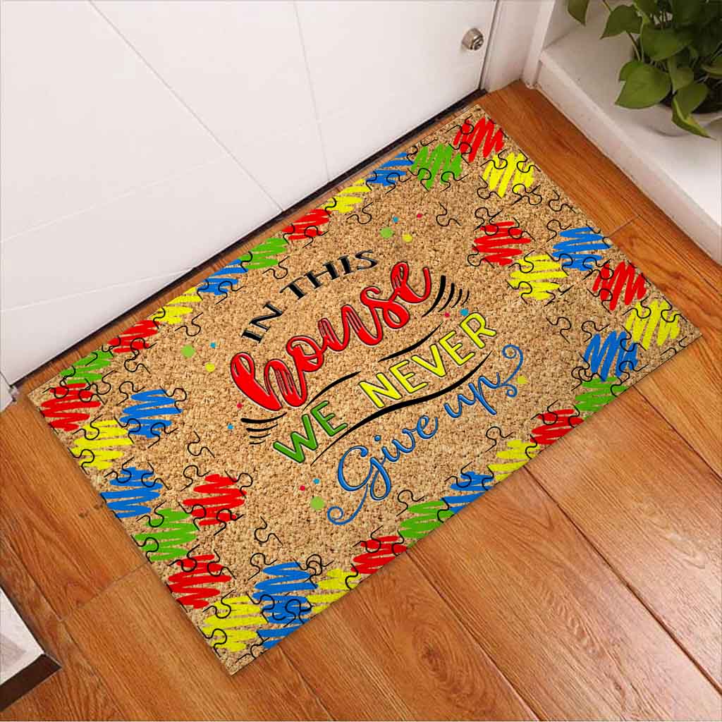 In This House We Never Give Up - Autism Awareness Coir Pattern Print Doormat