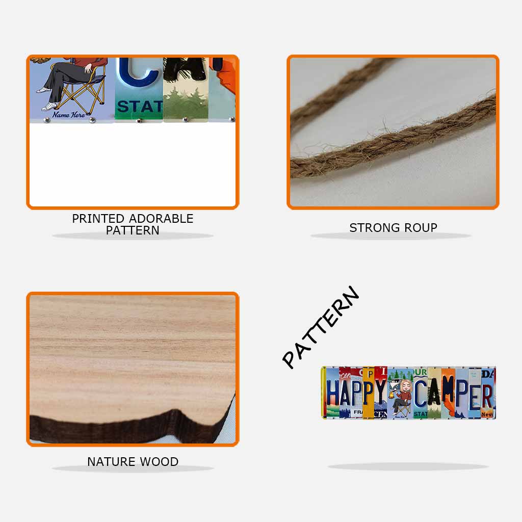 „Happy Camper“-Kennzeichen – personalisiertes Camping-Holzschild mit Metallmusterdruck