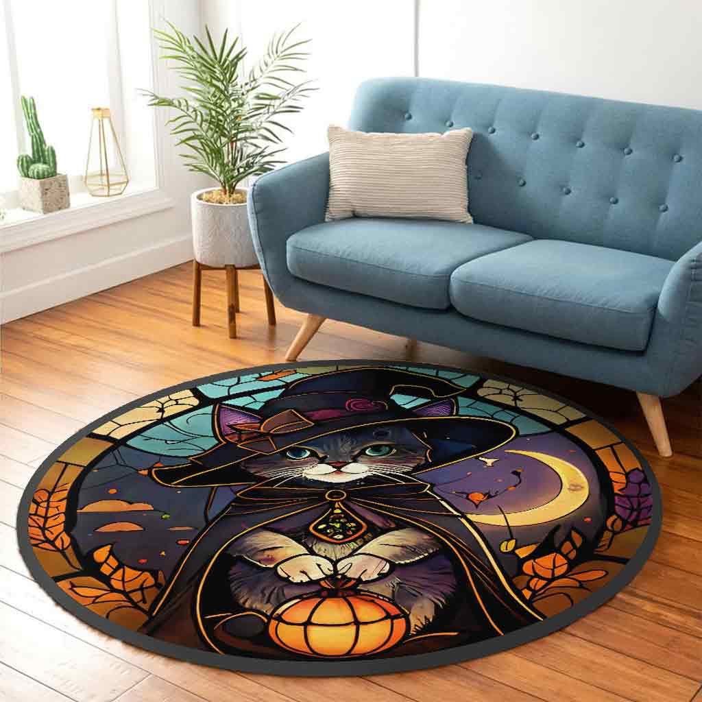 Hello Pumpkin Black Cat Round Rug