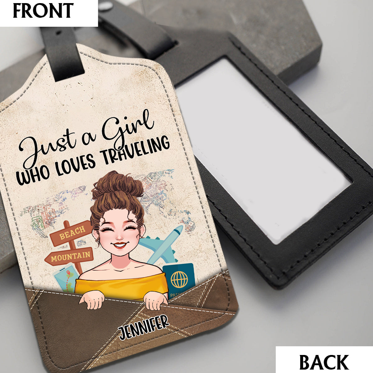 Einfach ein Mädchen, das Reisen liebt – Personalisierter Reisegepäckanhänger und Passhülle aus Leder