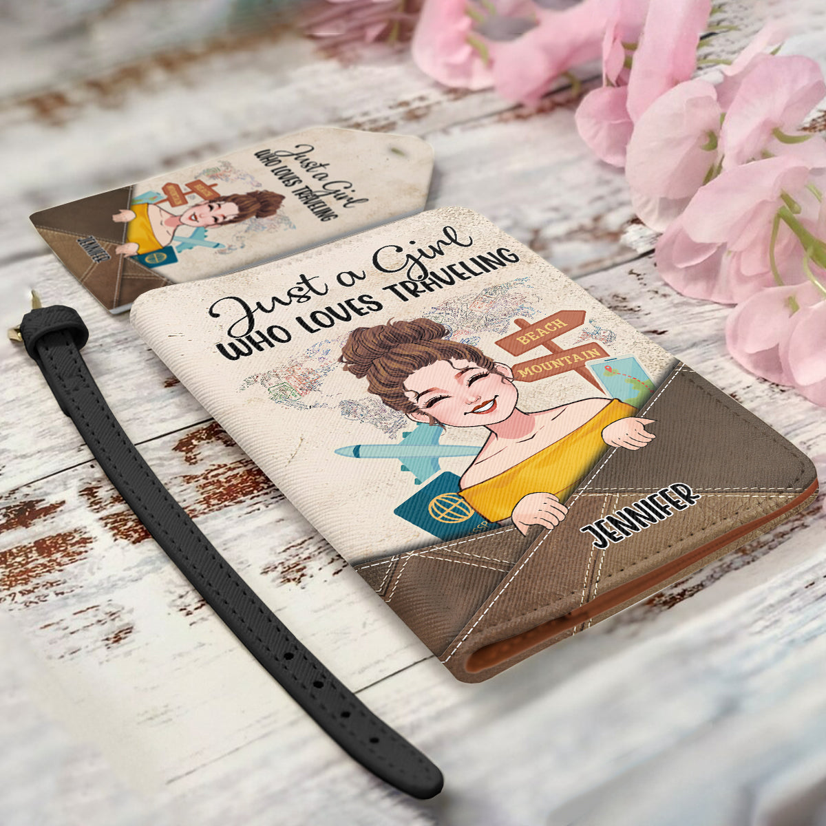 Einfach ein Mädchen, das Reisen liebt – Personalisierter Reisegepäckanhänger und Passhülle aus Leder