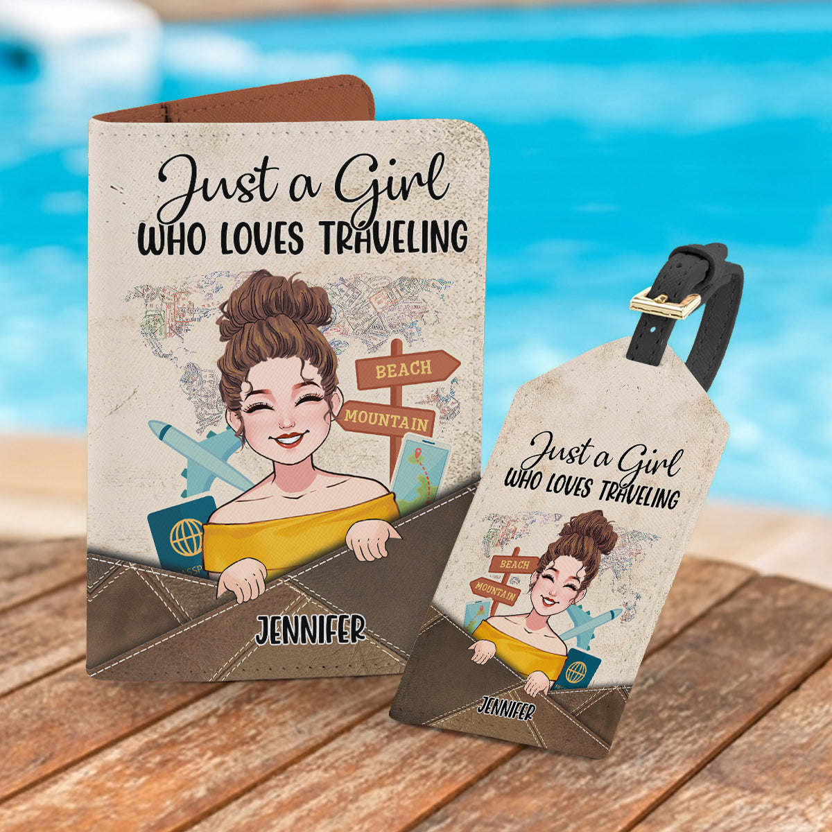 Einfach ein Mädchen, das Reisen liebt – Personalisierter Reisegepäckanhänger und Passhülle aus Leder