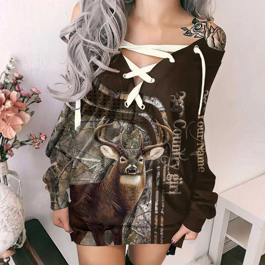 Country Girl Real Tree - Personalisiertes Jagdkleid mit schulterfreiem Oberteil und langen Ärmeln