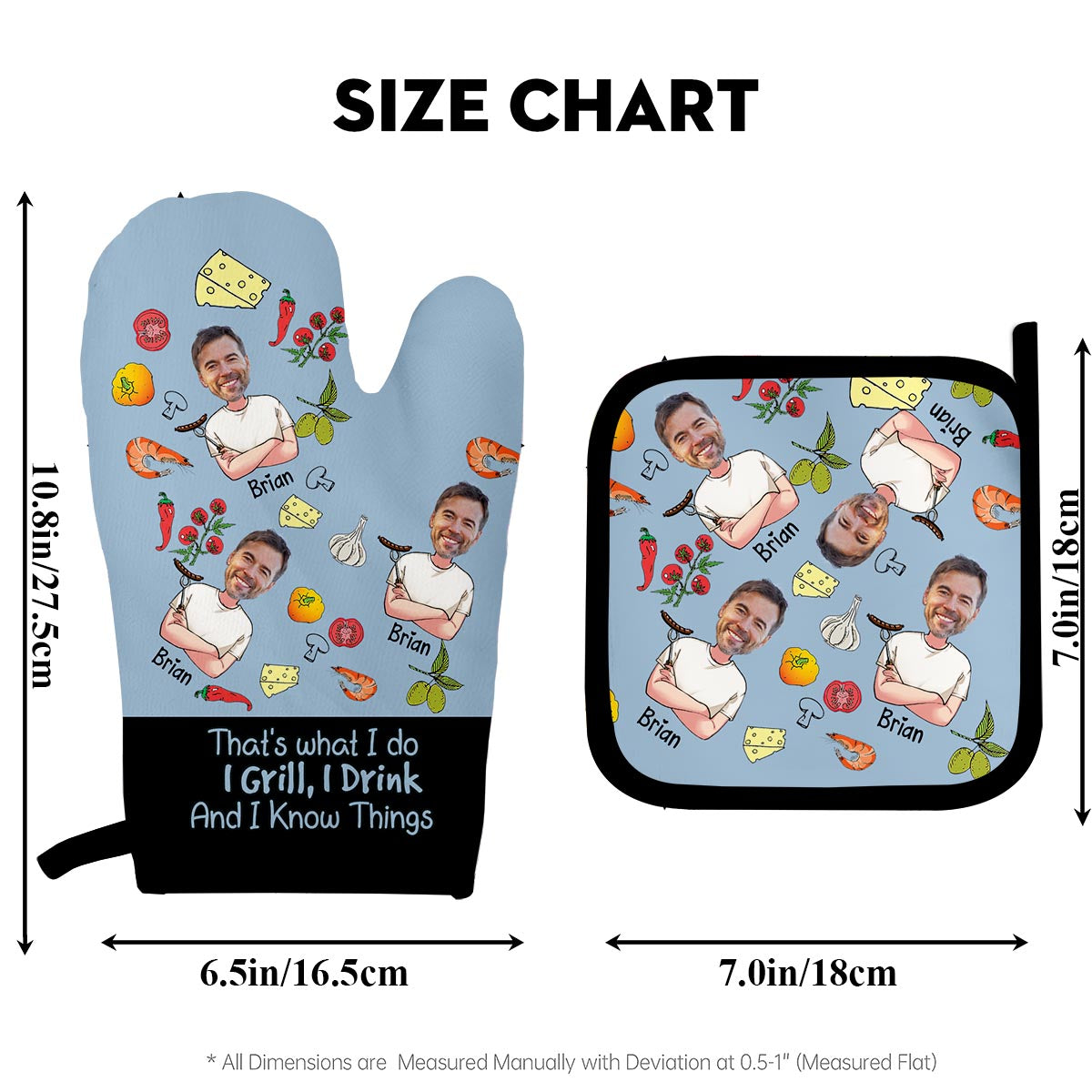 Ich grille, ich trinke und ich weiß Dinge – Personalisiertes Topflappen- und Ofenhandschuh-Set für Väter