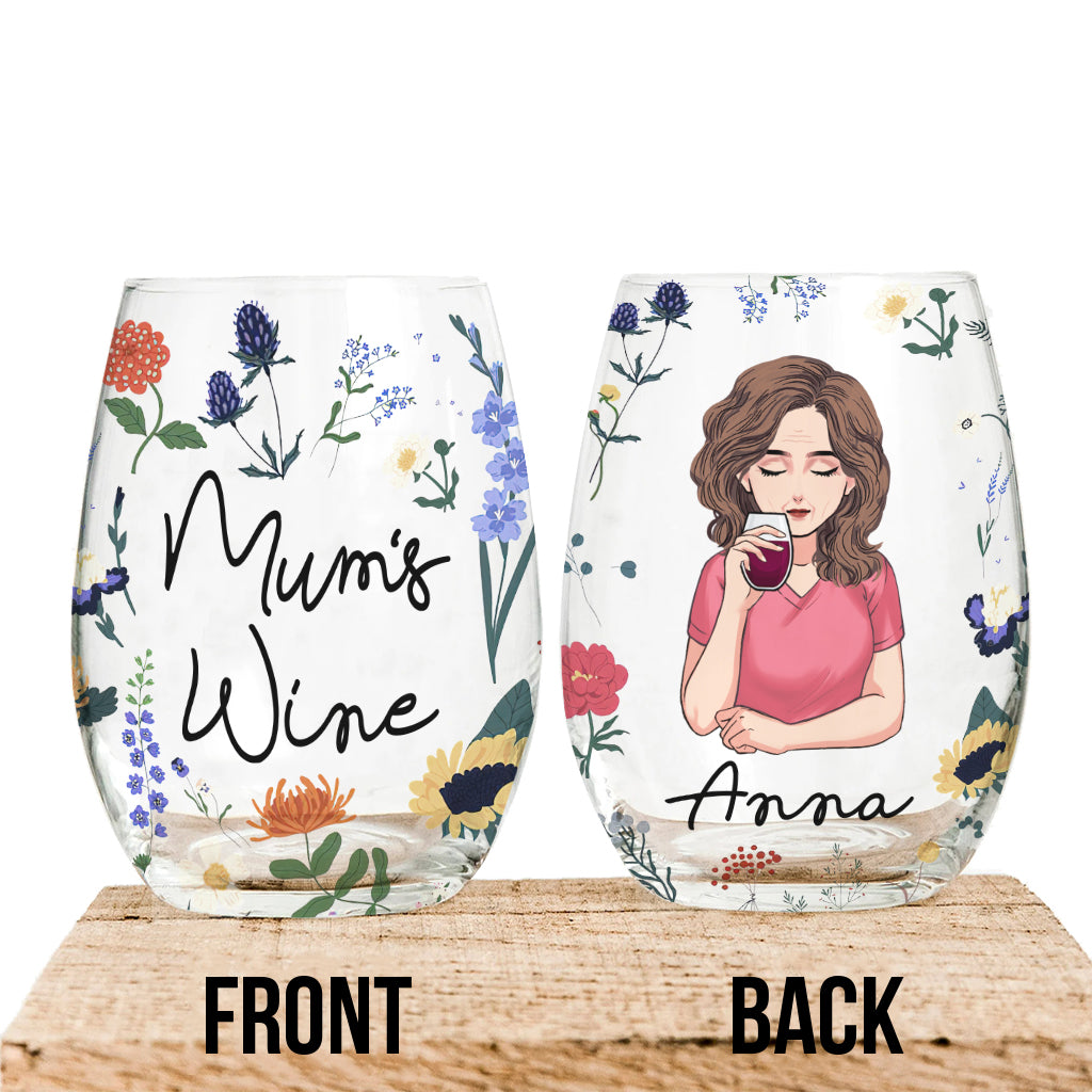 Mum's Wine Botanical Floral - Personalisiertes Weinglas zum Muttertag mit dem Aufdruck „Mum“.