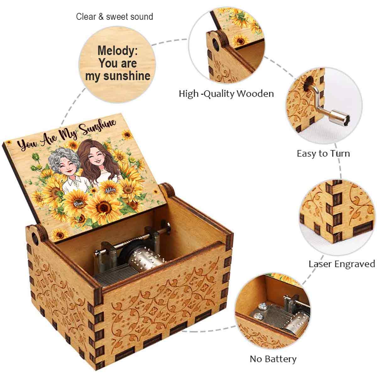 Du bist mein Sonnenschein – Personalisierte Muttertags-Spieluhr mit Handkurbel
