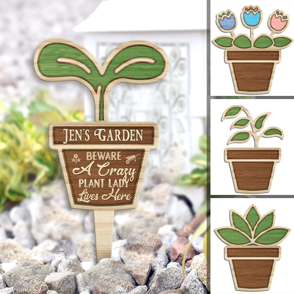 Vorsicht, hier wohnt die verrückte Pflanzenlady! - Personalisierte Garten-Acryl-Plakette zum Anbringen am Pfahl