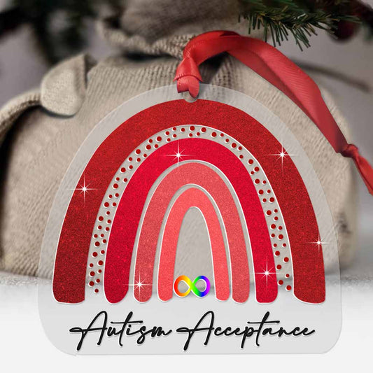 Autismus-Akzeptanz: Roter unendlicher Regenbogen – Transparenter Weihnachtsschmuck mit Glitzer-Imitat.