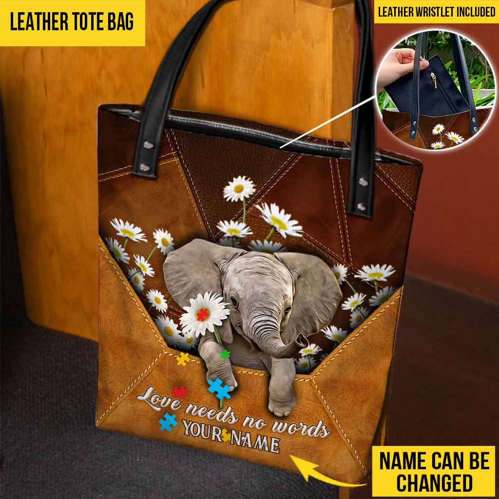 Liebe braucht keine Worte – Umschlag mit Elefanten- und Gänseblümchenmotiv – Personalisierte Tragetasche zur Sensibilisierung für Autismus