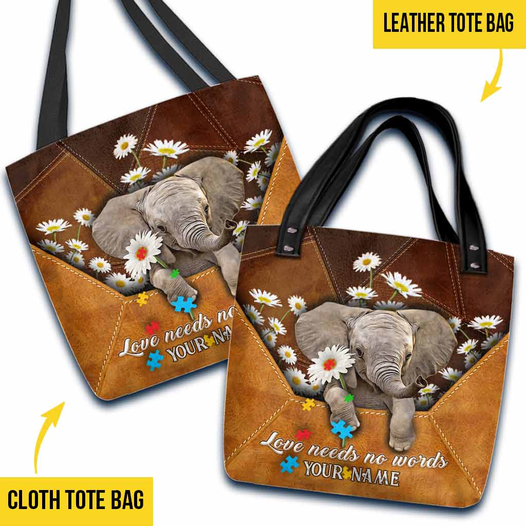 Liebe braucht keine Worte – Umschlag mit Elefanten- und Gänseblümchenmotiv – Personalisierte Tragetasche zur Sensibilisierung für Autismus