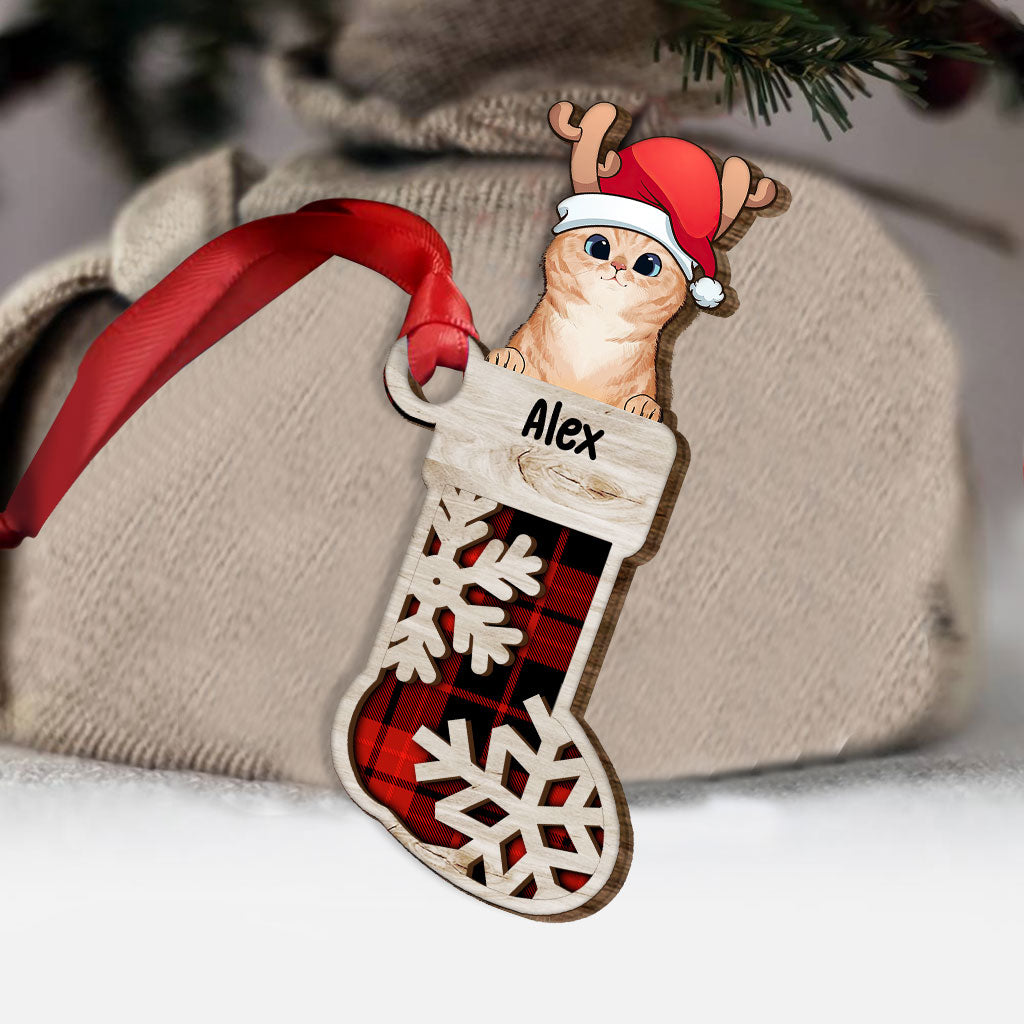 Niedliche Katzensocke – Personalisierter Weihnachtsschmuck aus mehrschichtigem Holz mit Katzenmotiv