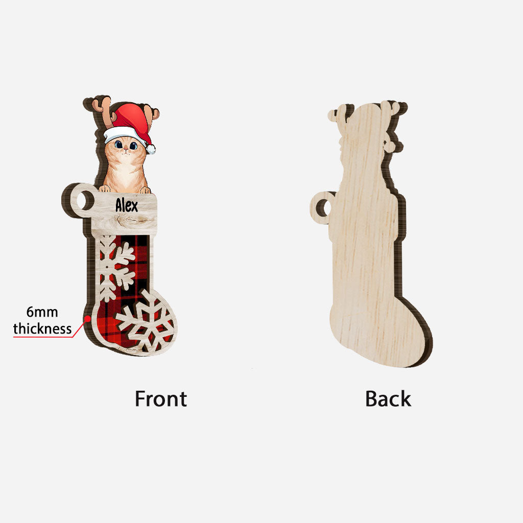 Niedliche Katzensocke – Personalisierter Weihnachtsschmuck aus mehrschichtigem Holz mit Katzenmotiv
