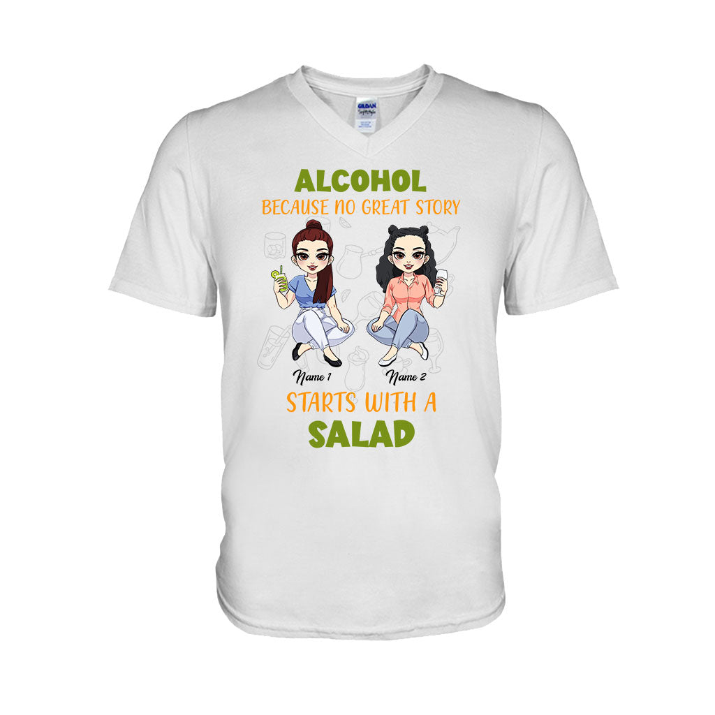 Alkohol, weil keine gute Geschichte mit Salat beginnt – Personalisiertes T-Shirt und Hoodie für beste Freundinnen