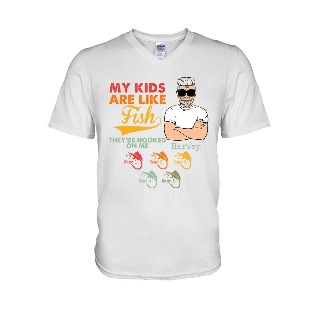 Meine Kinder sind wie Fische – Personalisiertes Vatertags-T-Shirt und Hoodie zum Thema Angeln