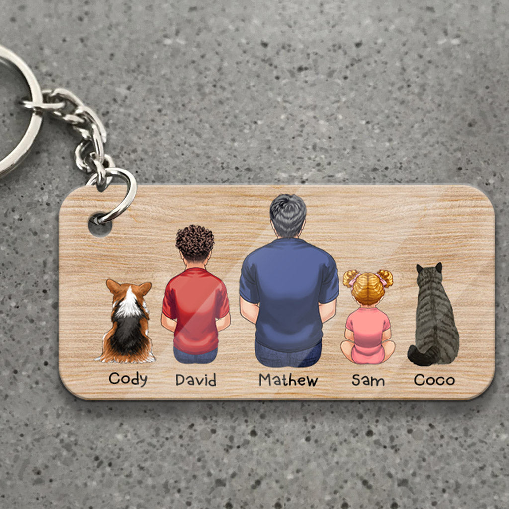 Bester Papa aller Zeiten – Rückansicht – Mann, Kinder, Hund, Katze – Personalisierter Schlüsselanhänger für Väter
