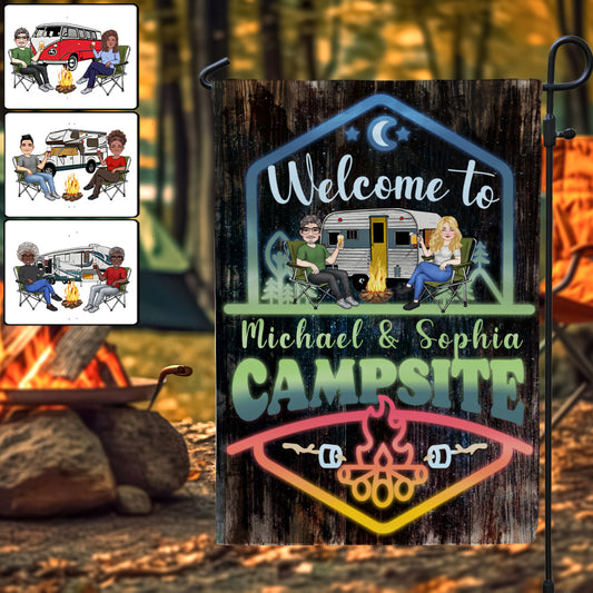 Willkommen zu unserem Abenteuer – Personalisierte Camping-Gartenflagge