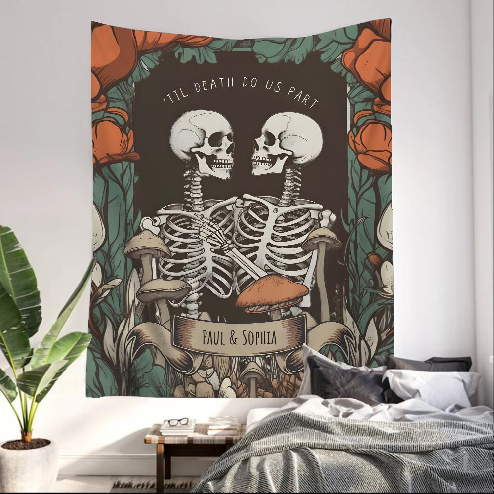 Bis dass der Tod uns scheidet – Personalisierter Totenkopf-Wandteppich