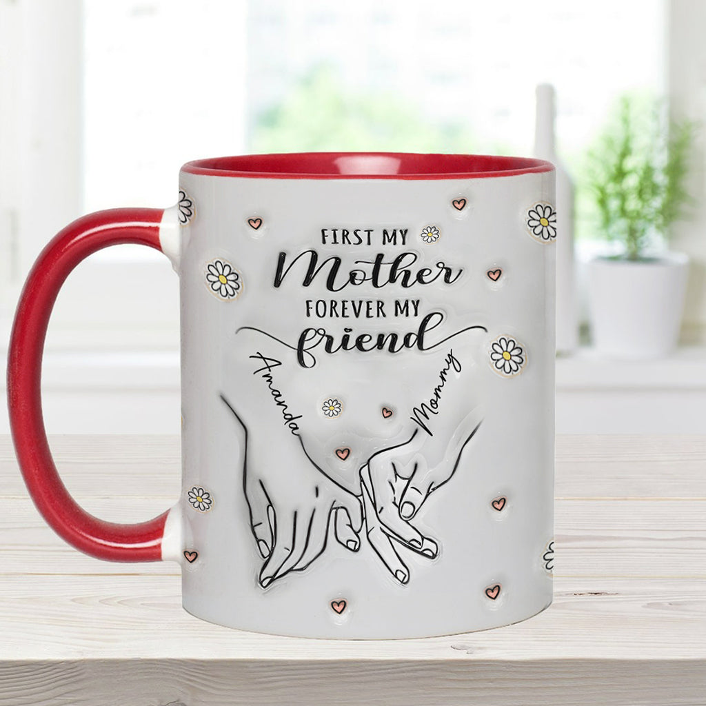 „Erst meine Mutter, für immer meine Freundin“ – personalisierte Tasse mit Muttermotiv