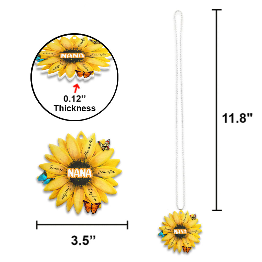 Sonnenblume mit beliebigem Titel und Namen eines Kindes – personalisierter Autoanhänger für Oma