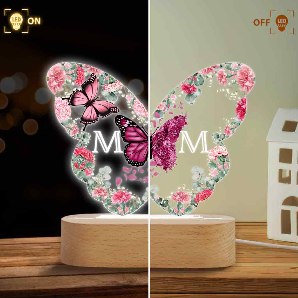 Mother And Children Butterflies - Personalized Mother Shaped Plaque Light Base