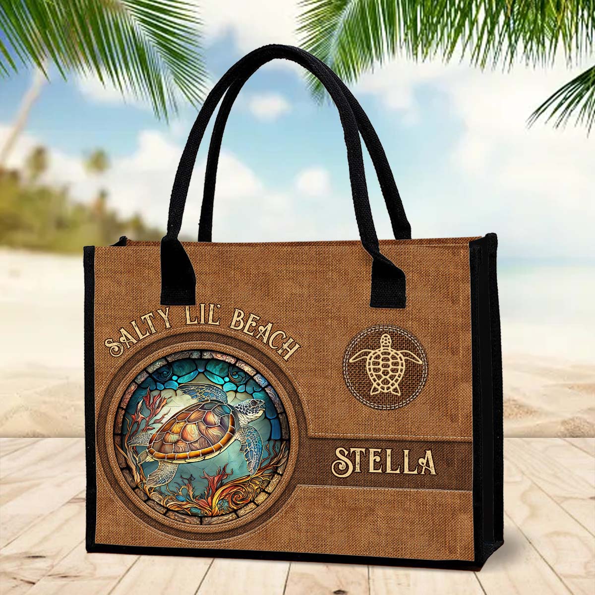 Salty Lil Beach – Personalisierte Tragetasche aus Canvas mit Schildkrötenmotiv