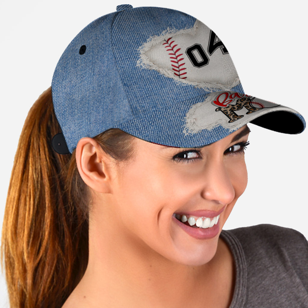 Baseball Mom Number Custom Denim Pattern - Personalized Baseball Classic Cap