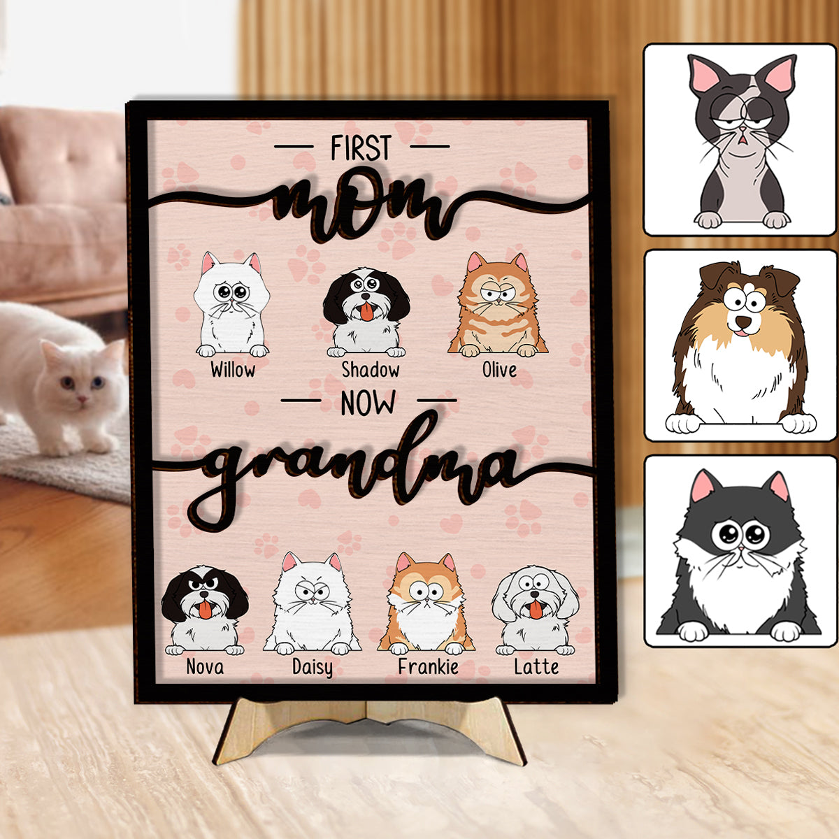 Erst Mama, jetzt Oma, Katzen- und Hundeliebhaberin – Personalisiertes zweilagiges Holzschild/Holzplakette mit Hundemotiv