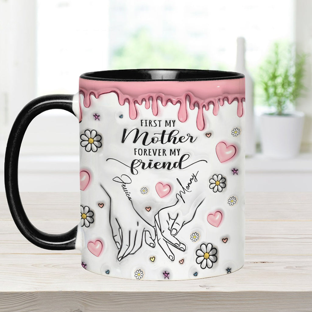 „Erst meine Mutter, für immer meine Freundin“ – personalisierte Tasse mit Muttermotiv